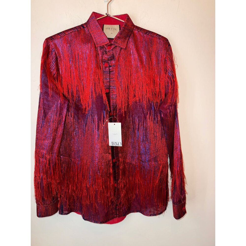 ÓRTTU red/blue fringe button down shirt